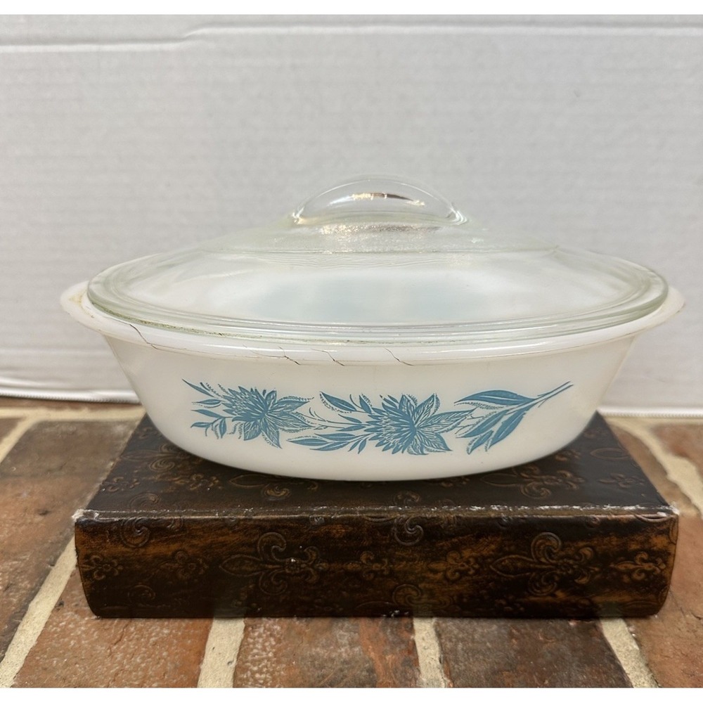 Vintage 70s Glasbake Blue Thistle 1 Qt Casserole Lid Only (Dish Is Cracked)